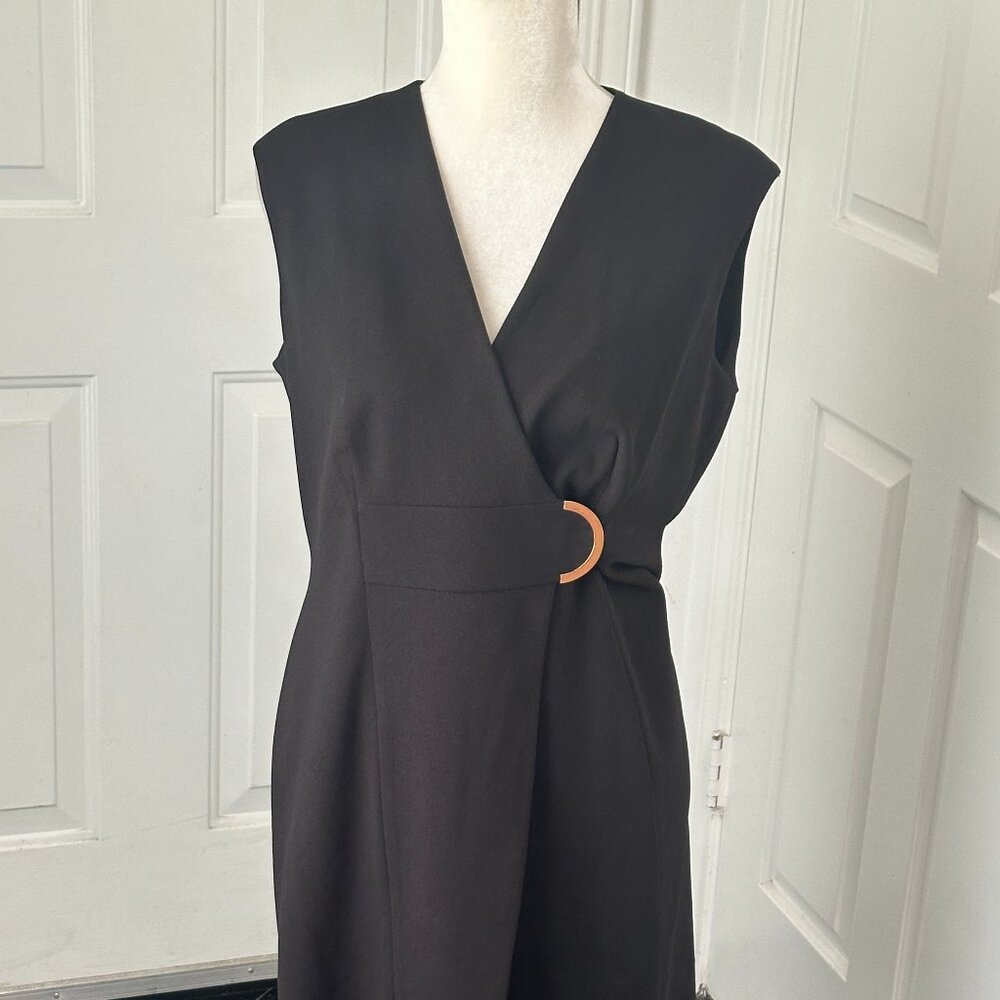 Calvin Klein Black Faux Wrap Dress Gold D Ring Sleeveless Size 10